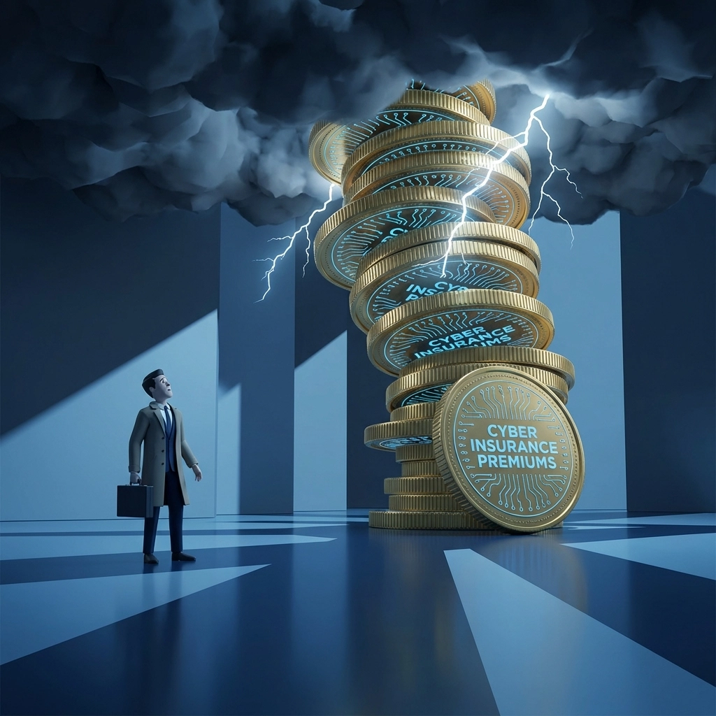 Businessman faces towering stack of gold coins symbolizing rising cyber insurance costs under stormy sky