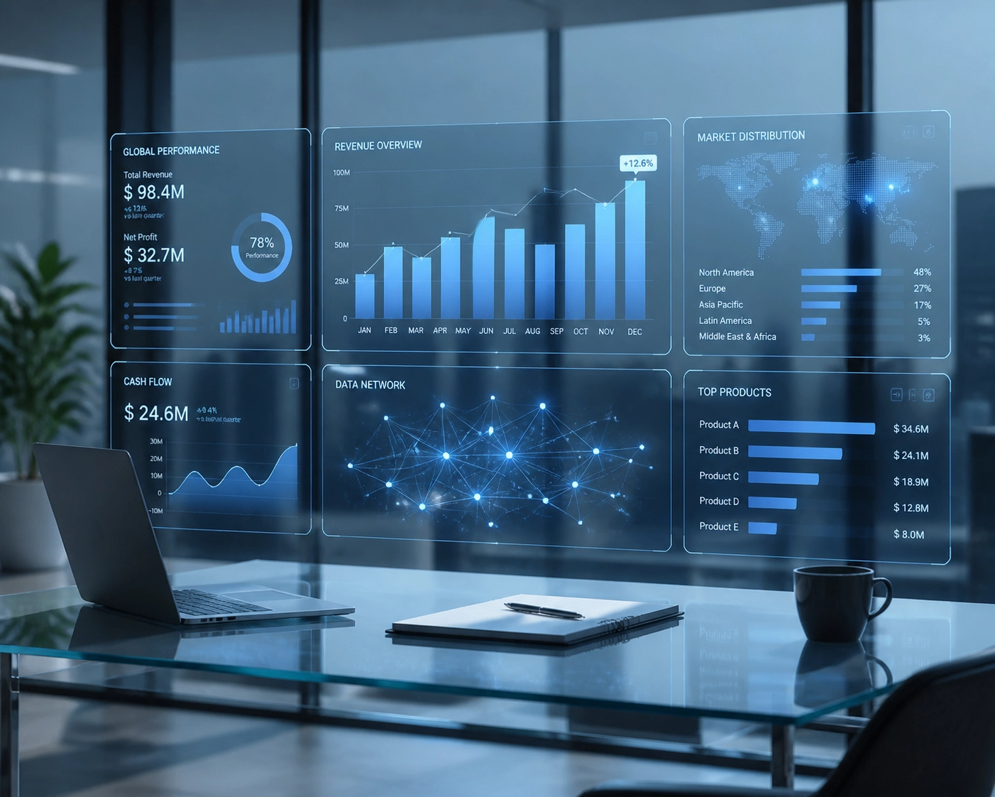Digital data visualization interface on a desk illustrating strategic IT consulting for grant applications.