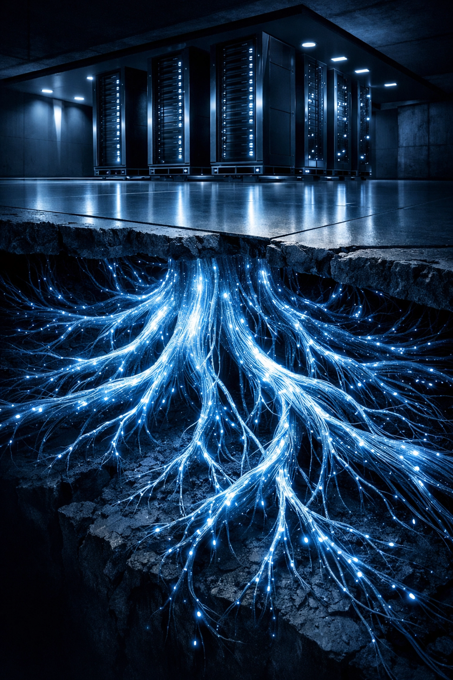 Glowing fiber-optic root system representing the strong foundation of experienced managed IT services.