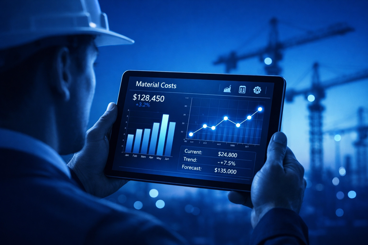 Construction manager using a tablet to track material costs and project budget analytics.