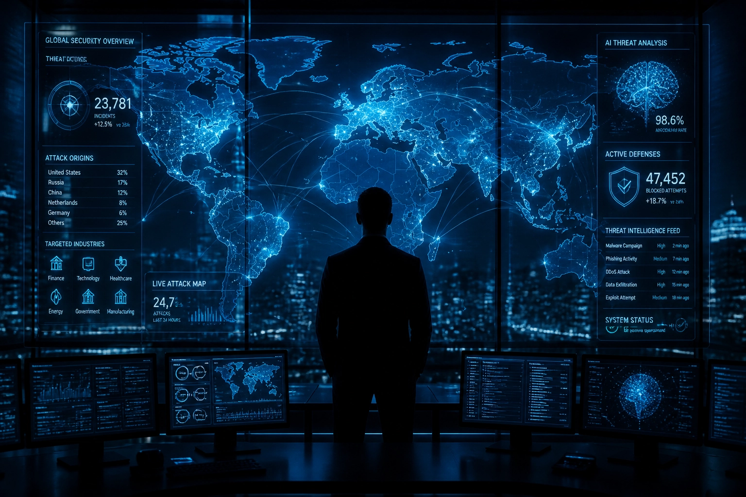 A security analyst monitoring a global digital network map within a professional SOC environment.