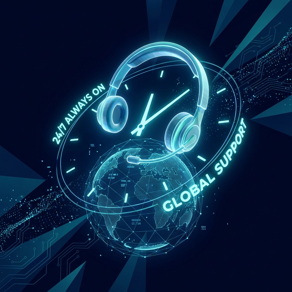 Symbolic glowing headset over a digital globe, representing 24/7 help desk and round-the-clock IT support
