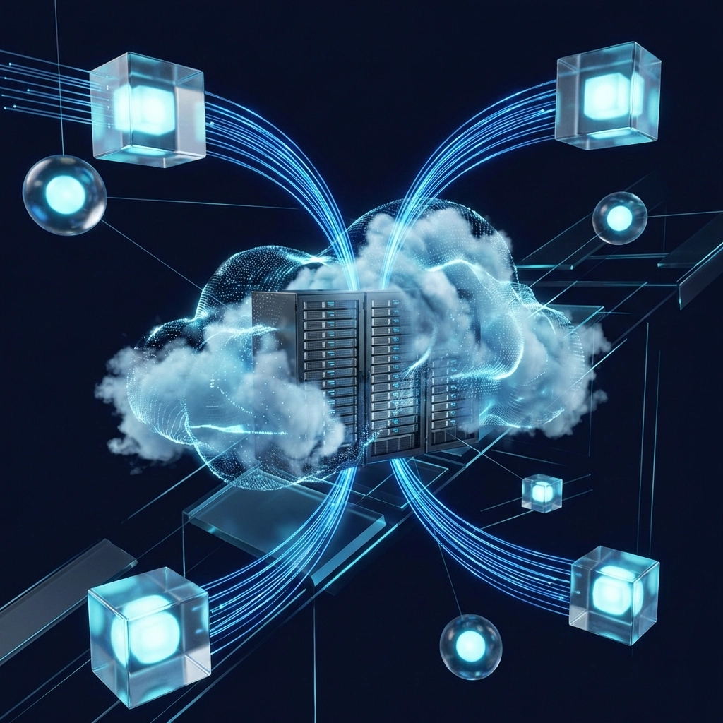 Visual of hybrid cloud architecture connecting servers and cloud platforms, illustrating vCIO cloud solutions