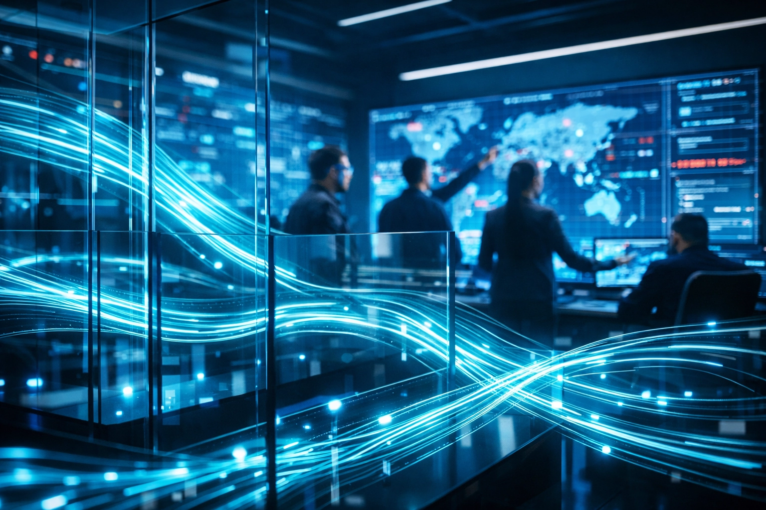 Cybersecurity team in an operations center maintaining a living security posture for defense contractors.