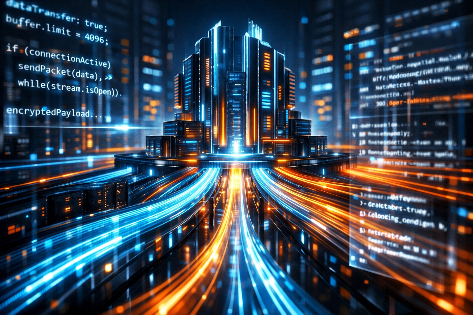 Flowing digital data streams representing integrated IT workflows and automated system management.