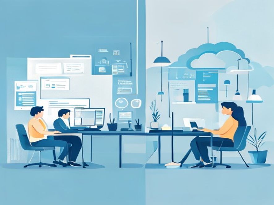 A split-screen illustration showing two paths: one side depicts a small internal team high-fiving a remote support specialist (Augment), and the other side shows a fully managed, high-tech operations center (Outsource). Clean, modern, minimalist iconography in Splashwire blue.
