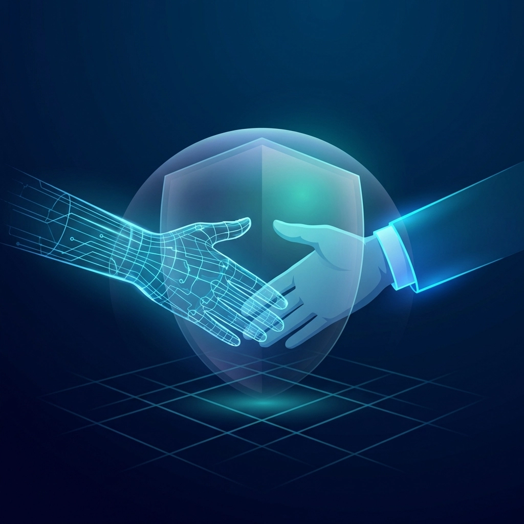 Human and digital hands shaking under shield, representing Splashwire and our cyber insurance partner