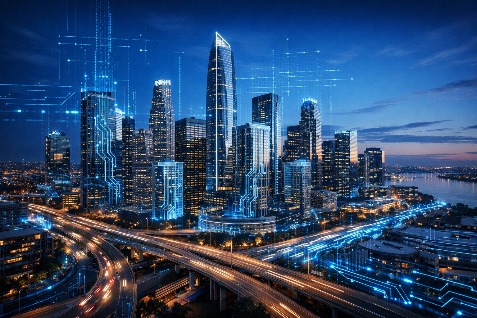 A city skyline with digital overlays illustrating the broad impact of strategic IT leadership in Franklin County.