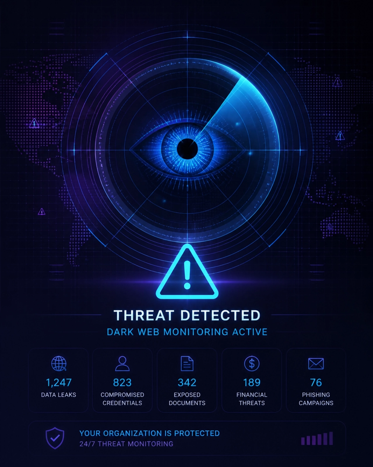 A digital radar or eye scanning a grid of data points with a bright blue alert symbol, representing dark web monitoring.