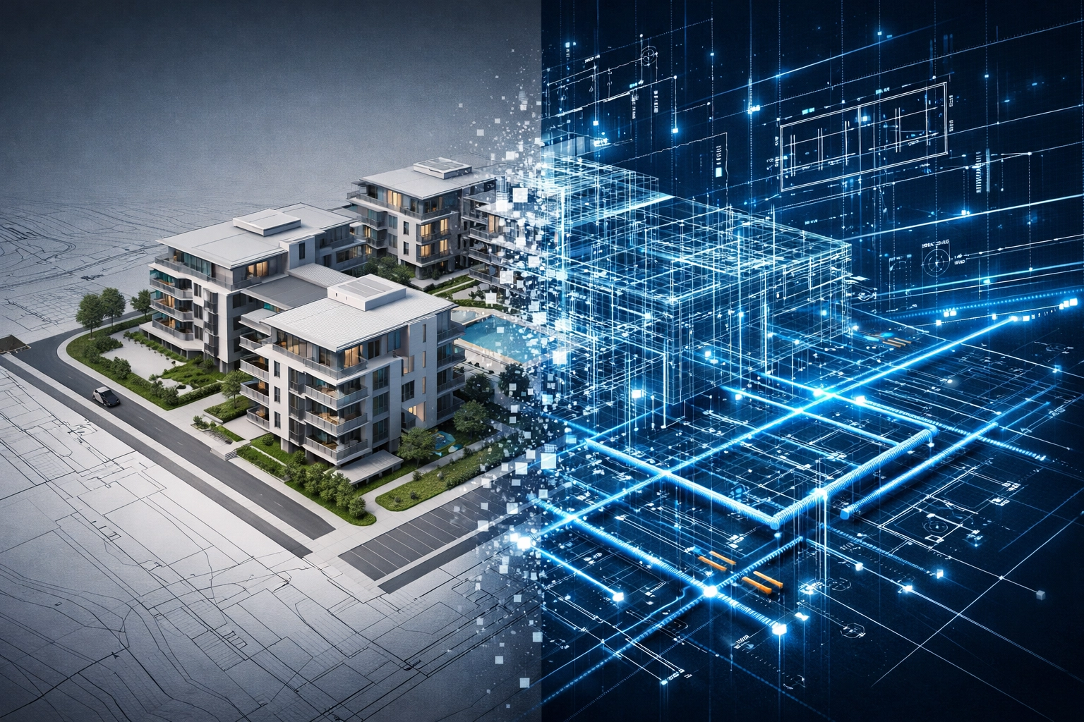 Digital architectural model transitioning into a network of utility lines and construction schematics.
