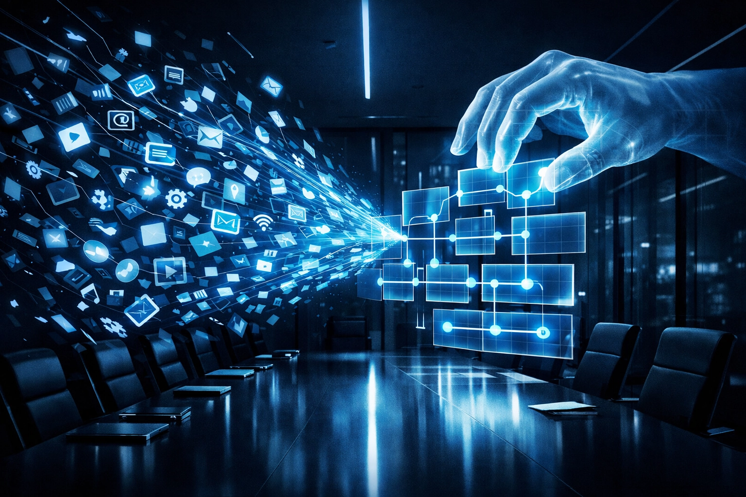 Digital fragments forming a strategic IT roadmap in a boardroom to align technology with business goals.