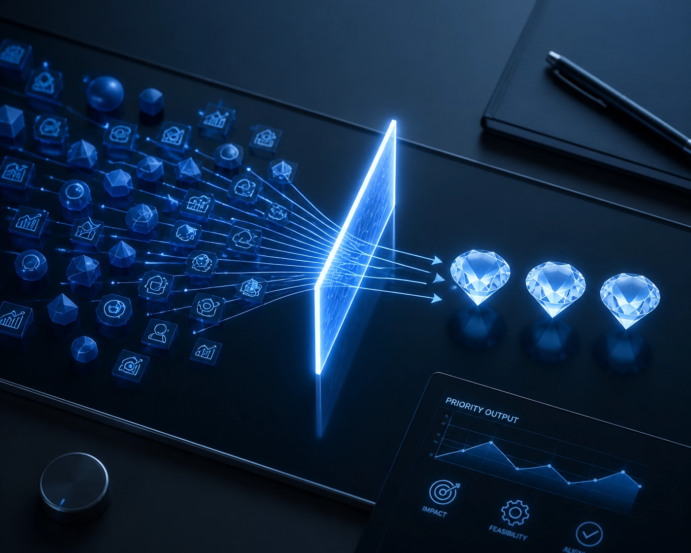 Data nodes prioritized into clear focus areas, symbolizing effective IT solutions and strategic AI planning.