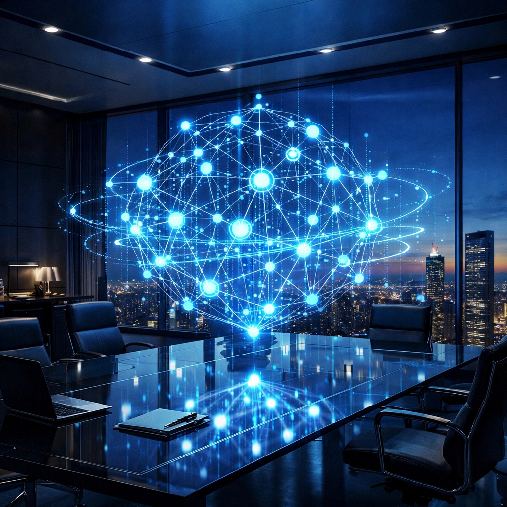 A modern office with a holographic digital network representing fractional CIO expertise and collective intelligence.
