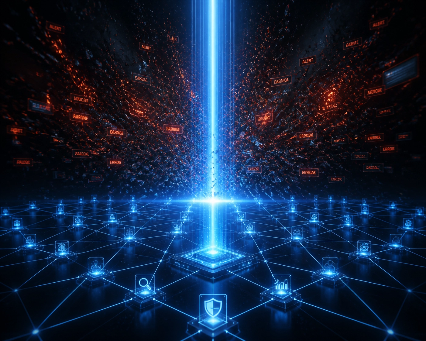 Blue beam organizing chaotic data points into a secure digital grid, symbolizing cybersecurity automation.