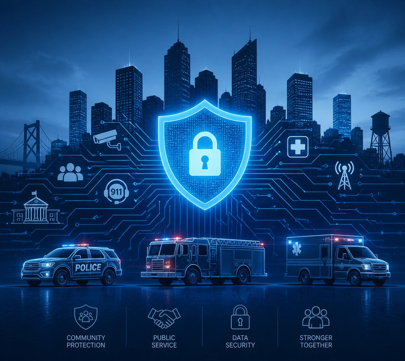 City skyline with digital circuitry and shield icon for public safety security risk assessment projects.