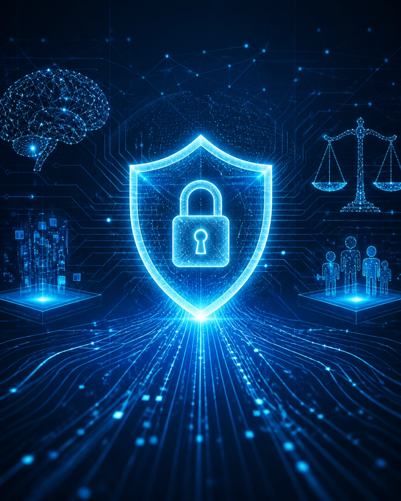 A glowing digital shield and network of data streams representing AI governance and cybersecurity risk management.