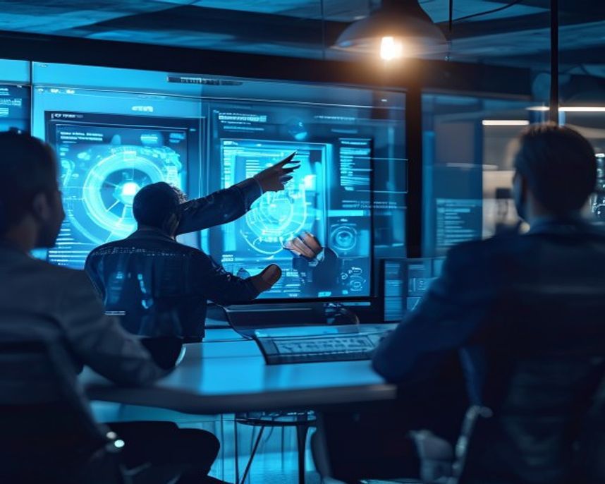A professional business meeting scene where a consultant is pointing to a digital screen displaying a secure data architecture. High-contrast, cool blue tones, professional attire, optimistic and collaborative atmosphere.