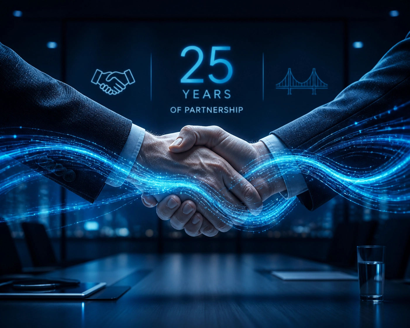 Professional handshake with digital data effects symbolizing partnership in IT solutions and grant funding.