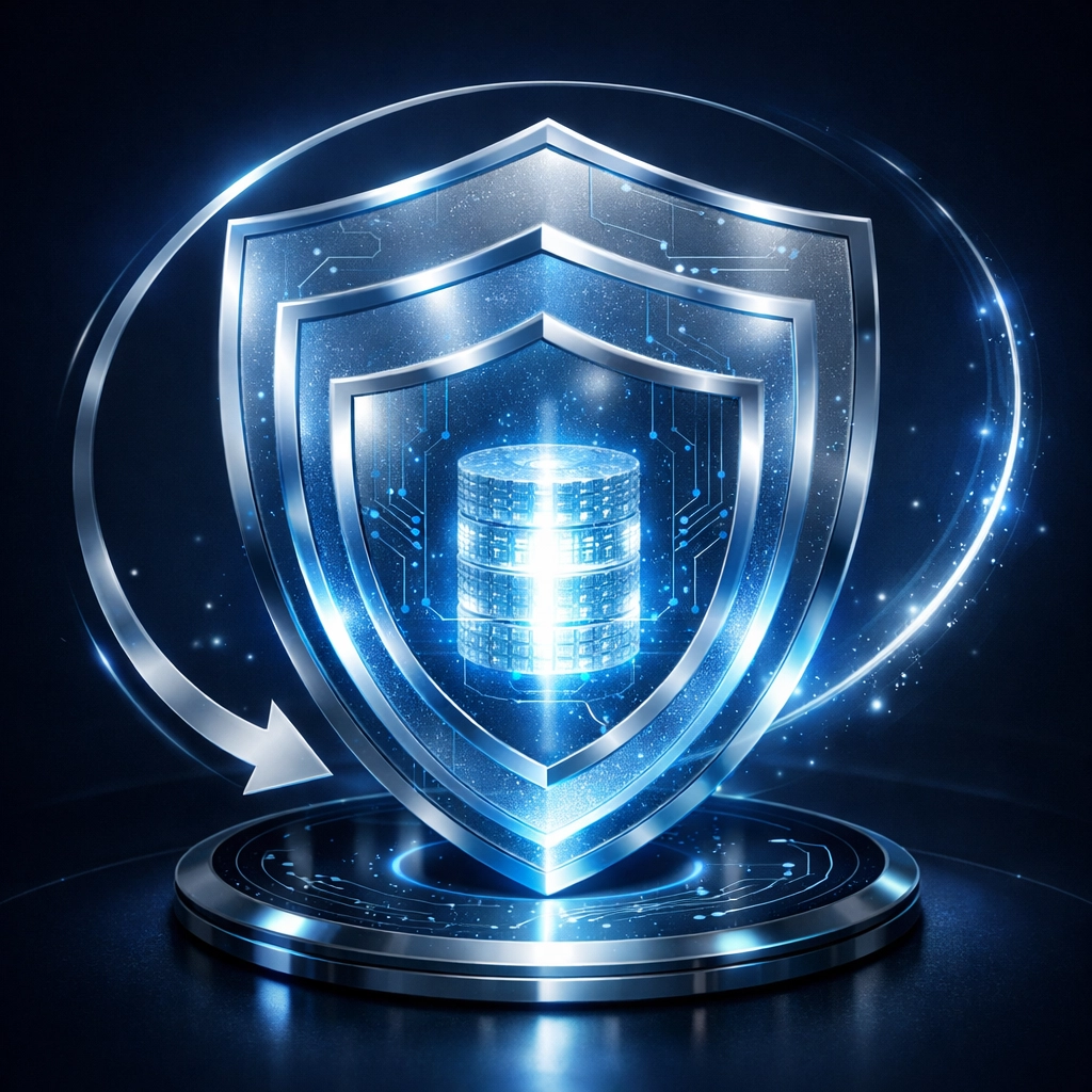 Secure digital shields protecting data, representing a 3-2-1 backup strategy for business continuity.