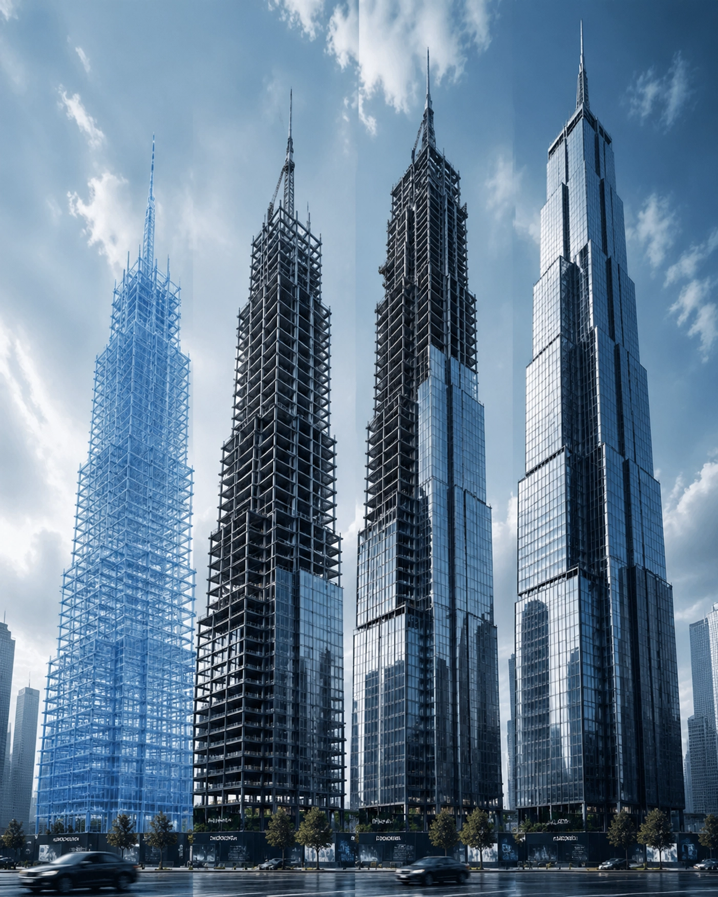 Progressive construction stages of a skyscraper illustrating digital building simulation and scheduling.