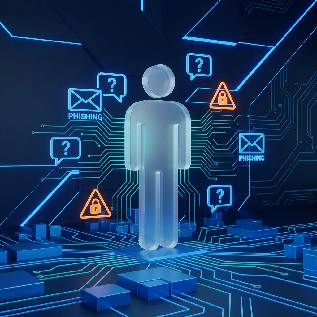 Illustration of a person surrounded by cyber threats, highlighting the need for human-focused security risk assessments.