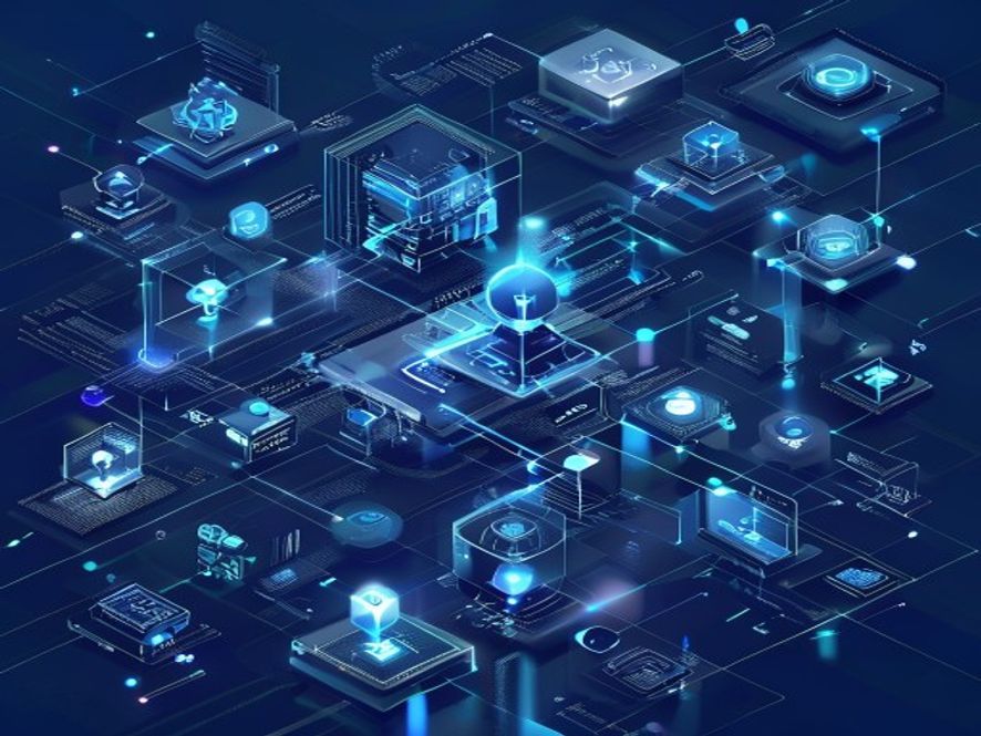 A futuristic blueprint style visualization of a technology stack. Icons for 'AI', 'RMM', 'EDR', and 'Help Desk' are interconnected with glowing lines. The style is technical and sleek, using shades of navy and neon blue to represent advanced IT solutions.