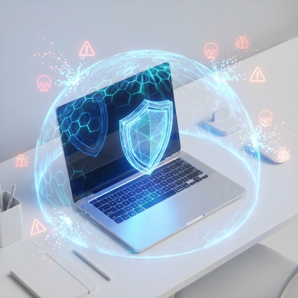 Digital shield protects laptop from threats, illustrating advanced cybersecurity reducing insurance risk