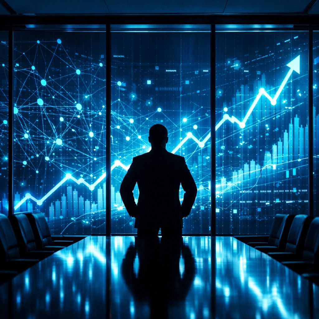 Professional silhouette reviewing holographic data charts for strategic business decision making.
