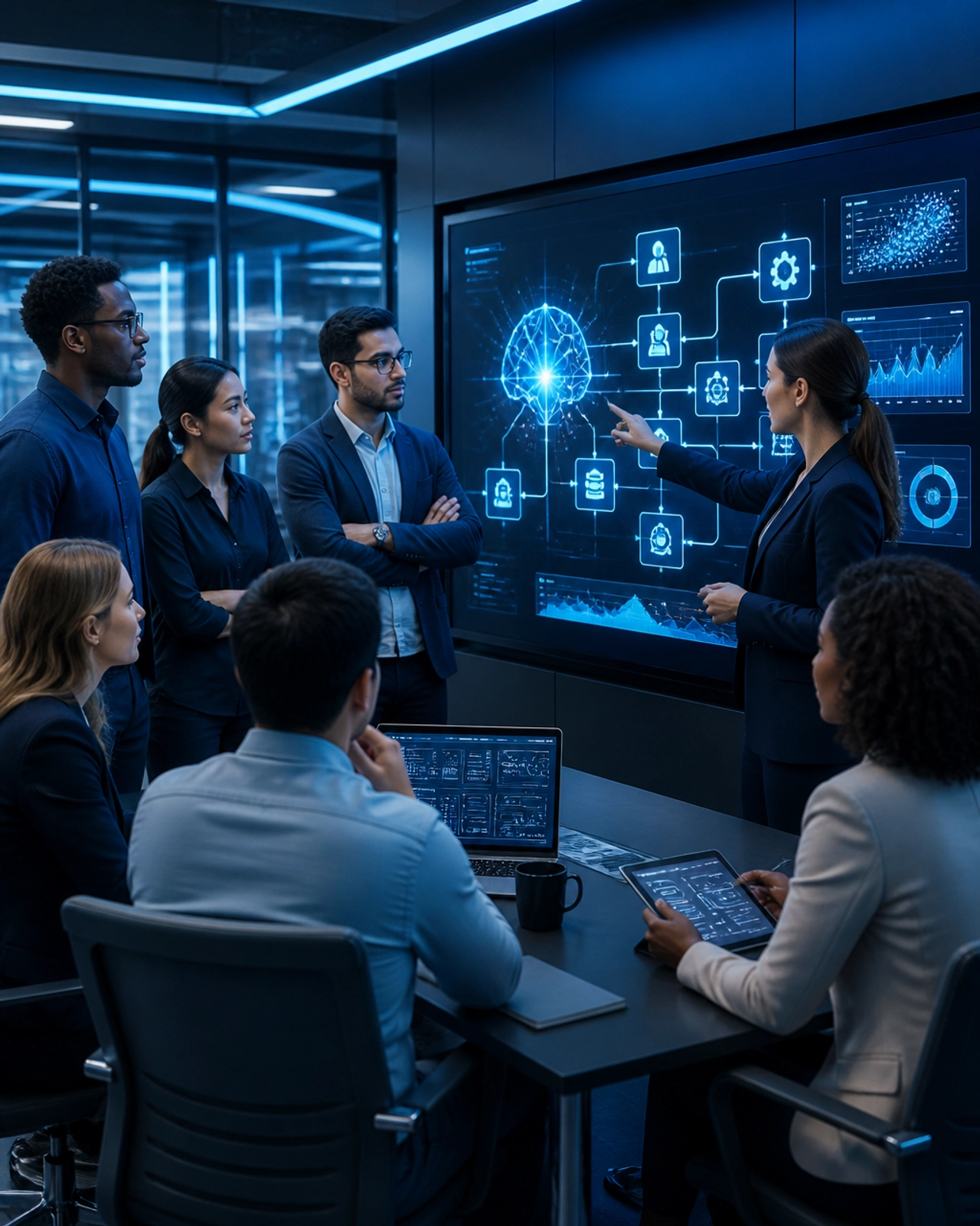 A collaborative professional environment where a team is learning to use AI-driven insights on a digital display.
