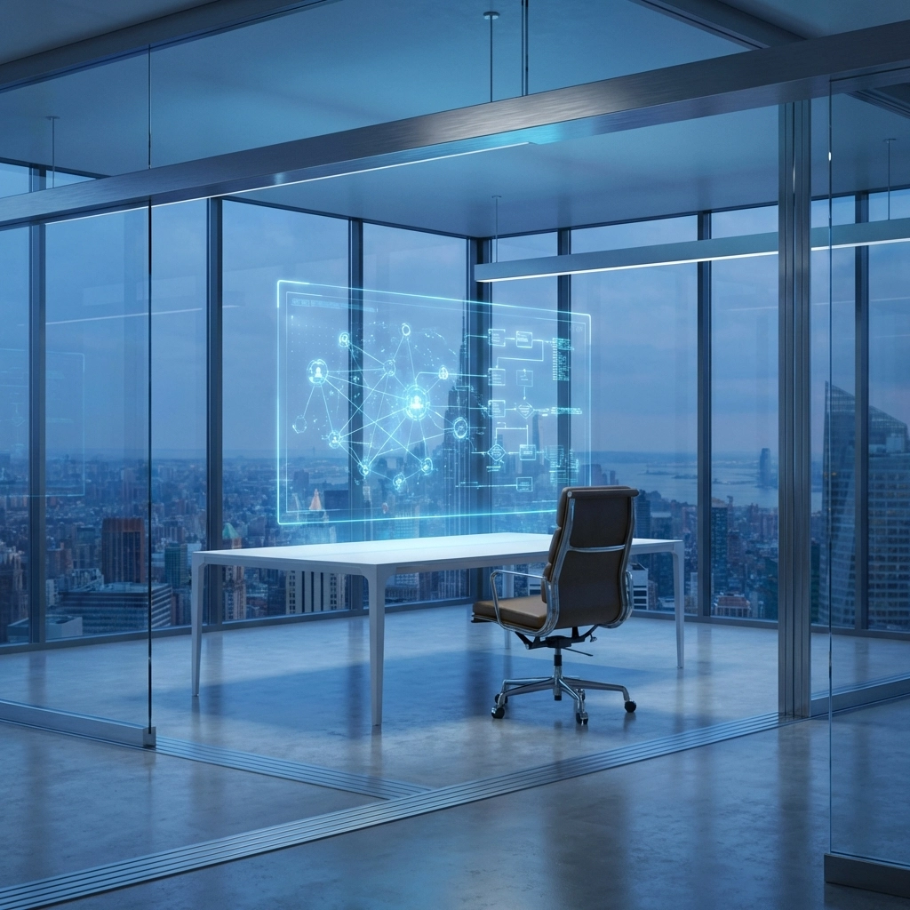 Modern conference room with holographic network display symbolizing vCIO strategic IT leadership for small businesses