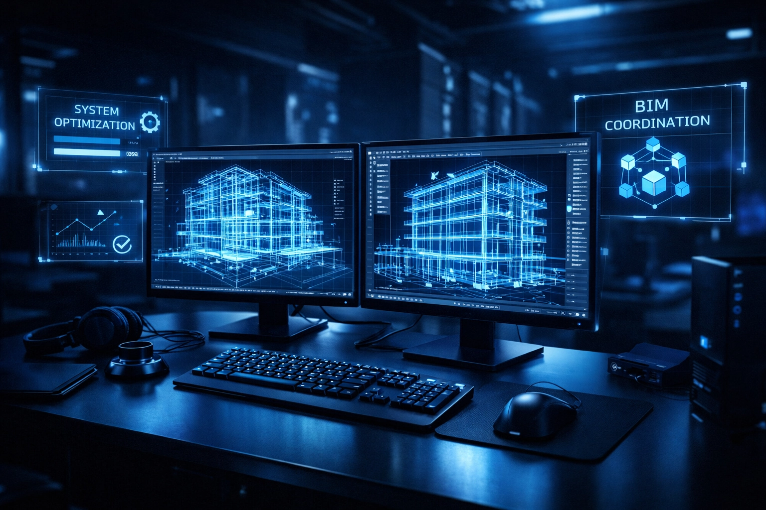 Modern CAD workstation with building wireframe and BIM coordination interface for AEC professionals.