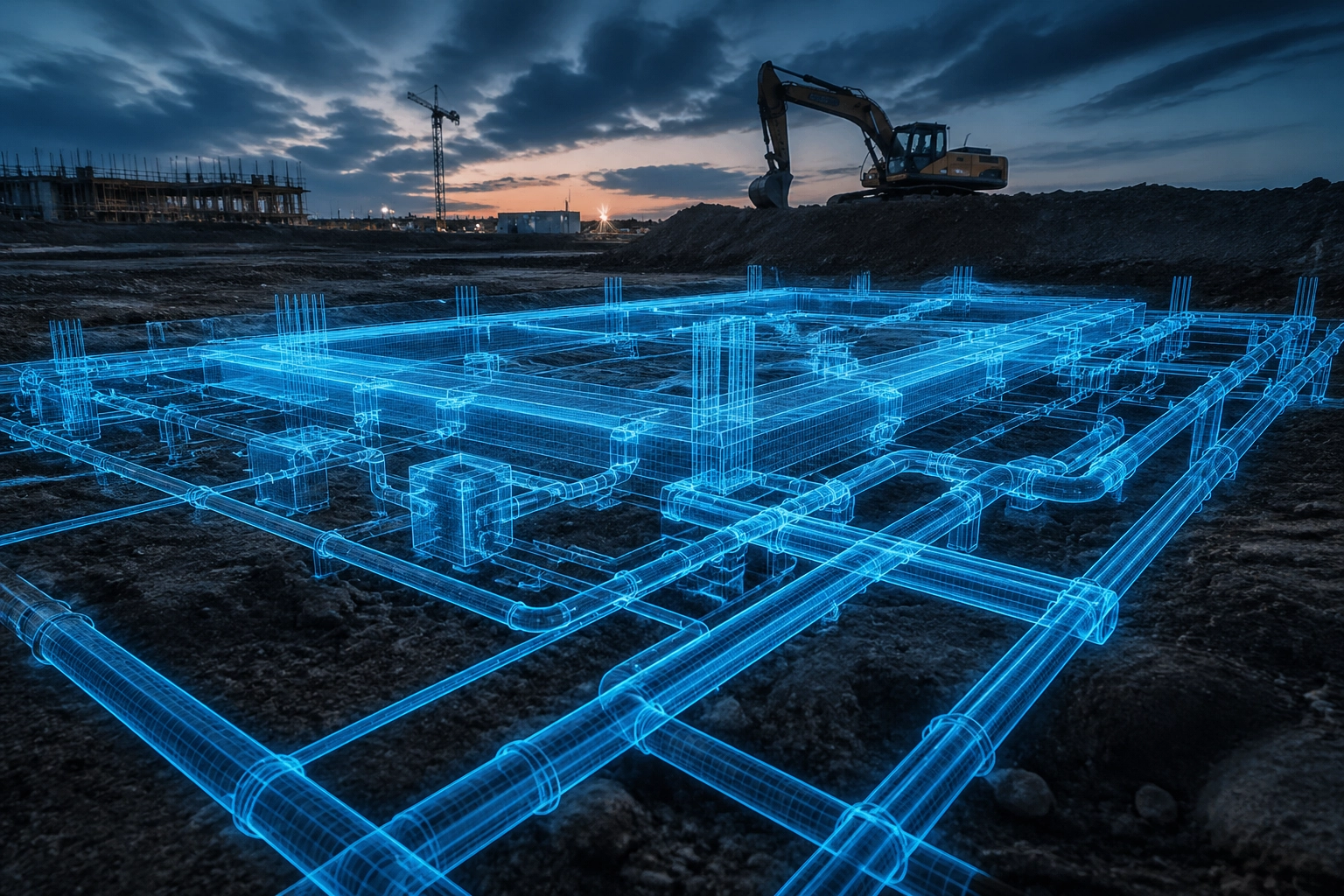 Holographic building foundation overlaying a construction site for virtual site risk assessment.