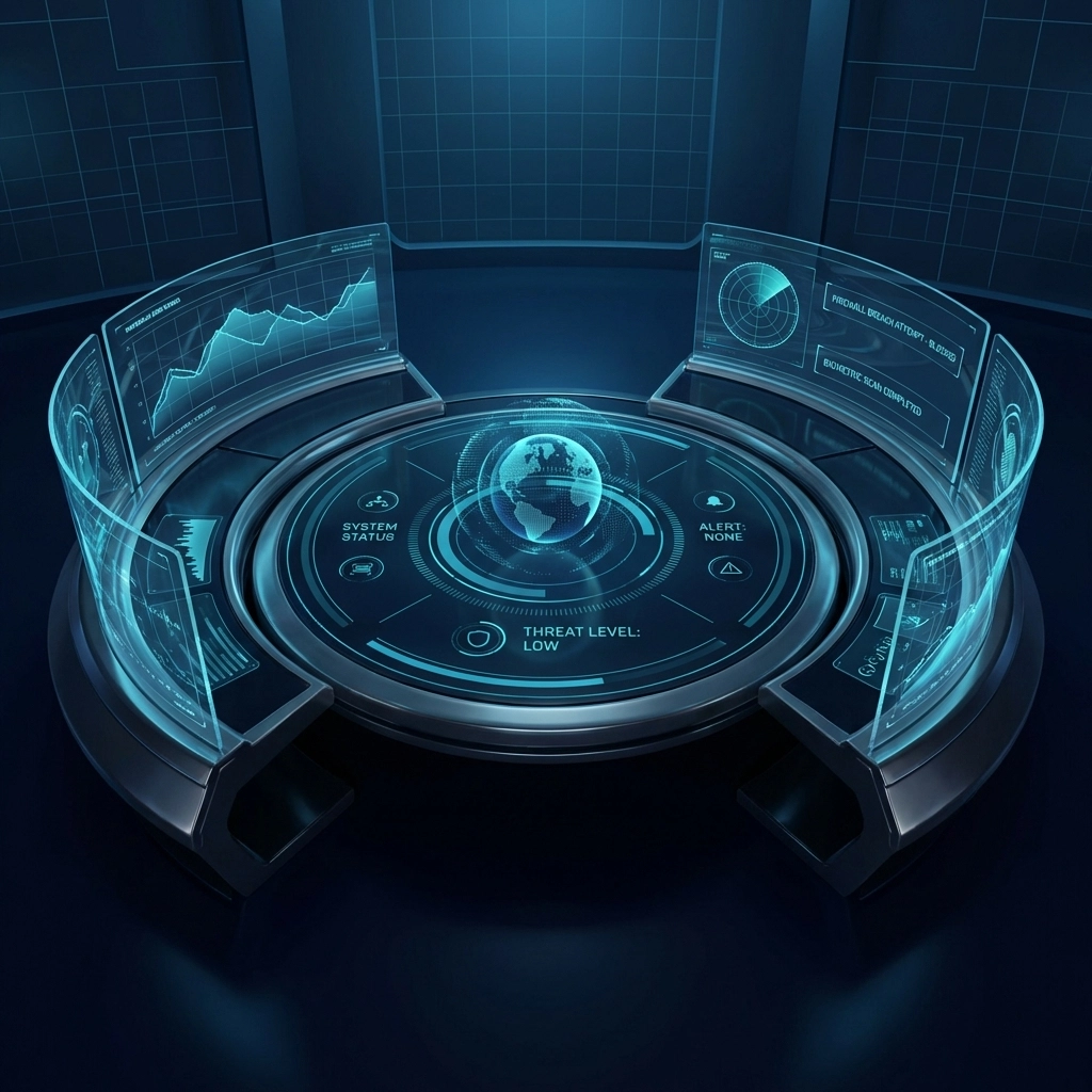 Futuristic dashboard showing real-time IT security monitoring, emphasizing continuous risk assessment strategies.