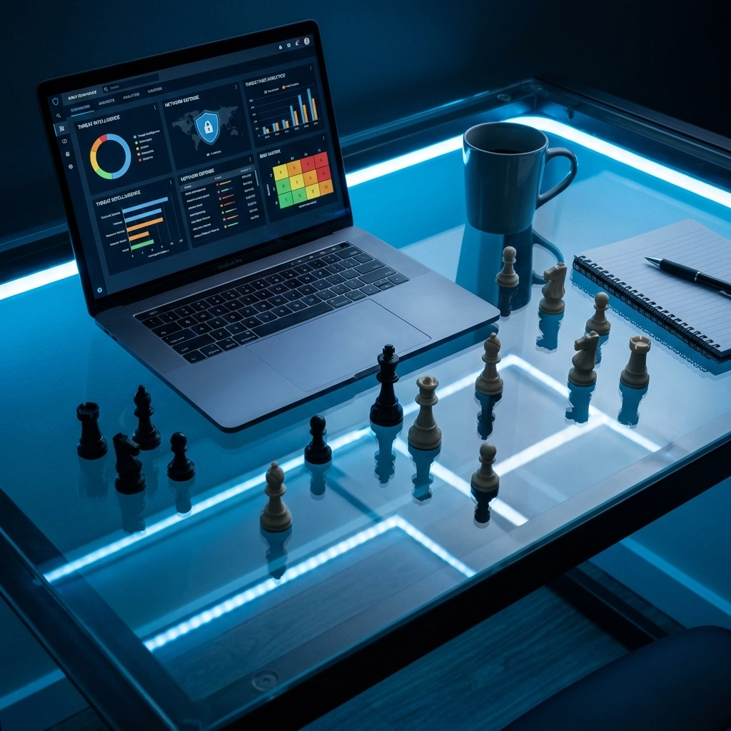 Small business owner's desk with security dashboard and chess pieces highlighting vCIO cybersecurity strategy