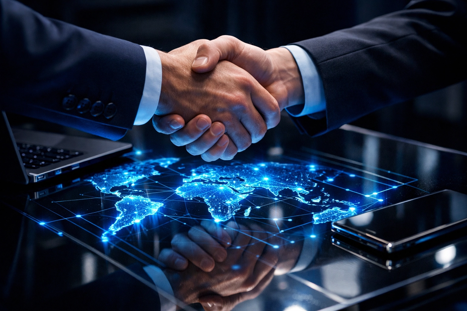Professional handshake over a digital network map, representing a partnership for CMMC compliance support.