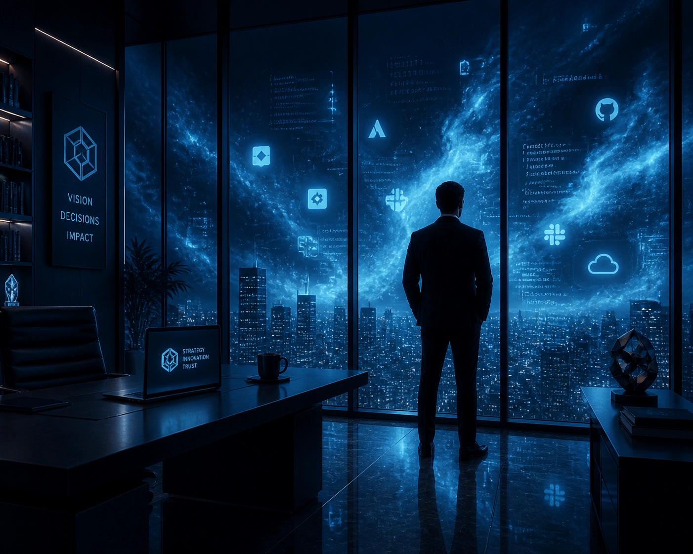 A business leader overlooking a digital fog of AI data, illustrating the need for strategic IT consulting.