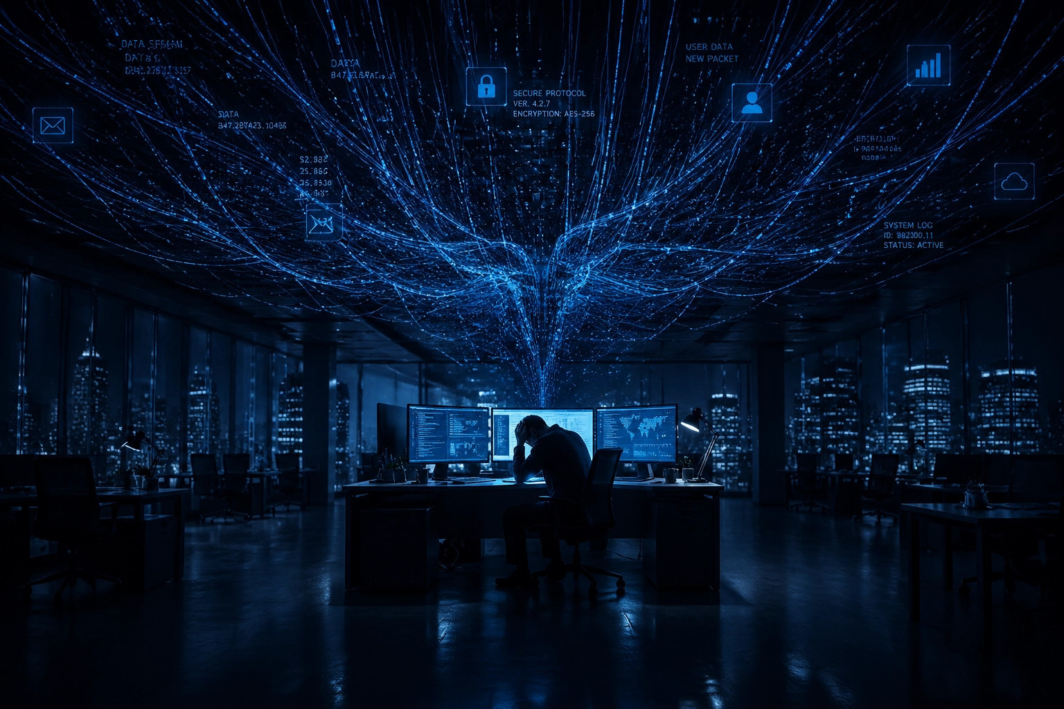 Exhausted IT employee in a dark office at night, illustrating the heavy burden of internal IT burnout.