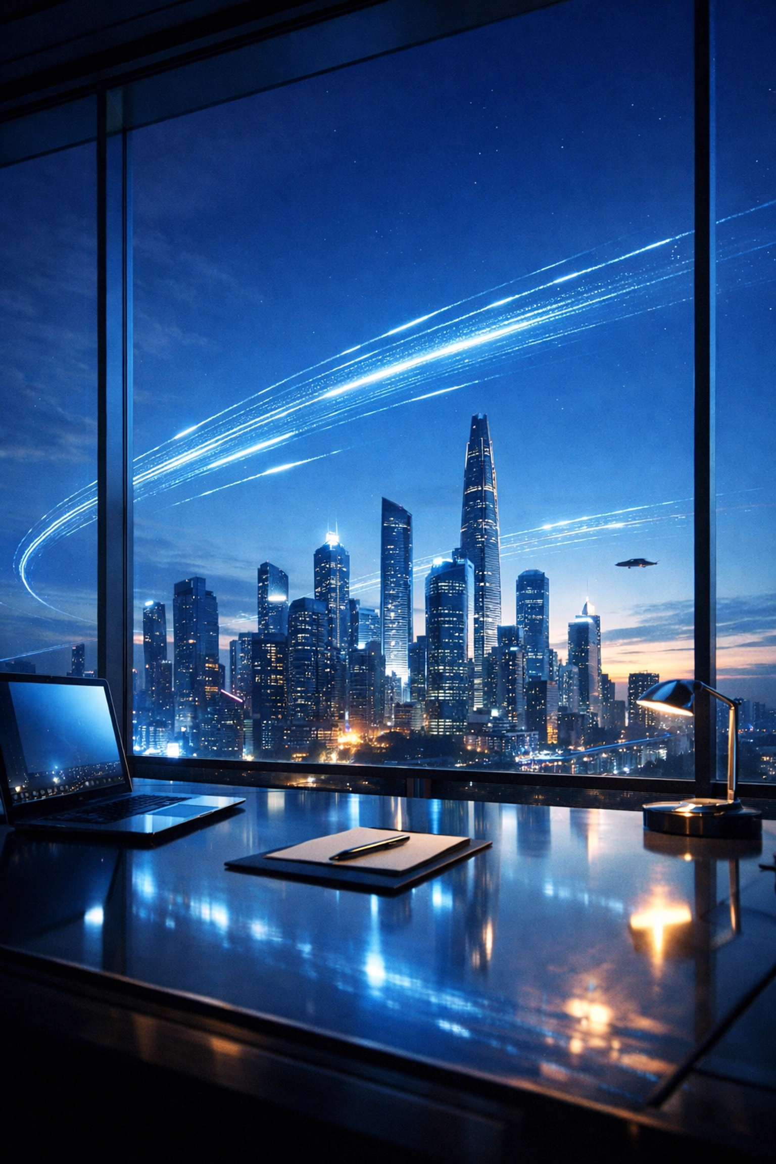 Modern executive office view of a digital city skyline representing a visionary vCIO AI strategy.