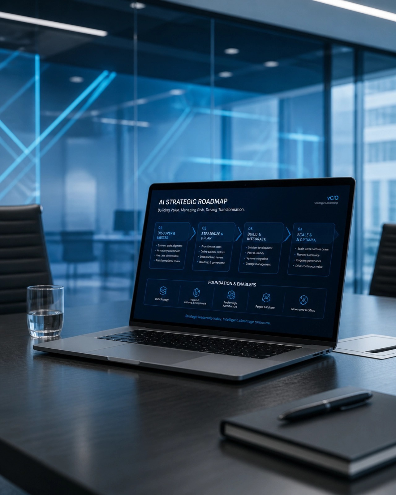 AI strategic roadmap displayed on a laptop in a conference room