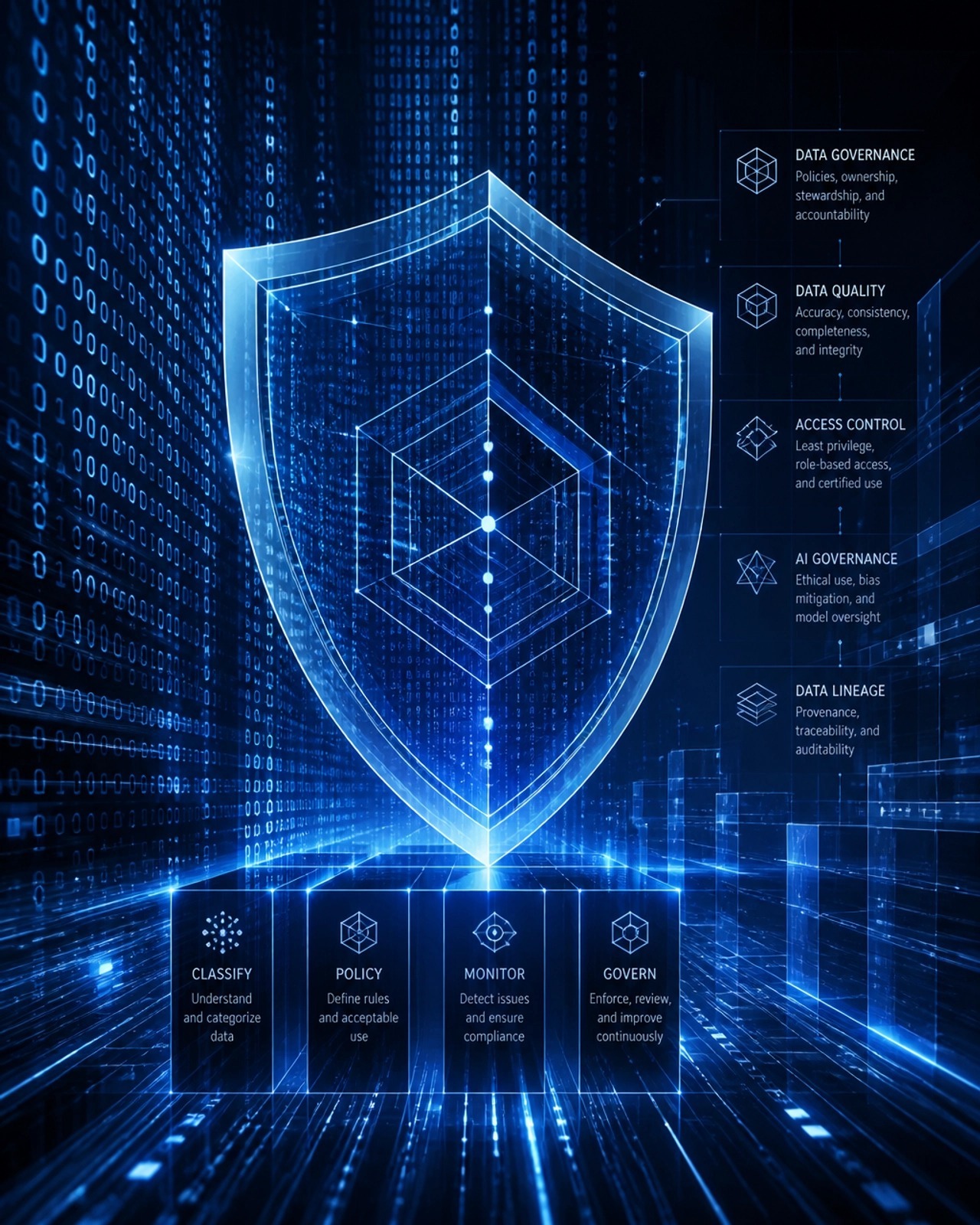 Digital shield representing AI data governance, access control, and security