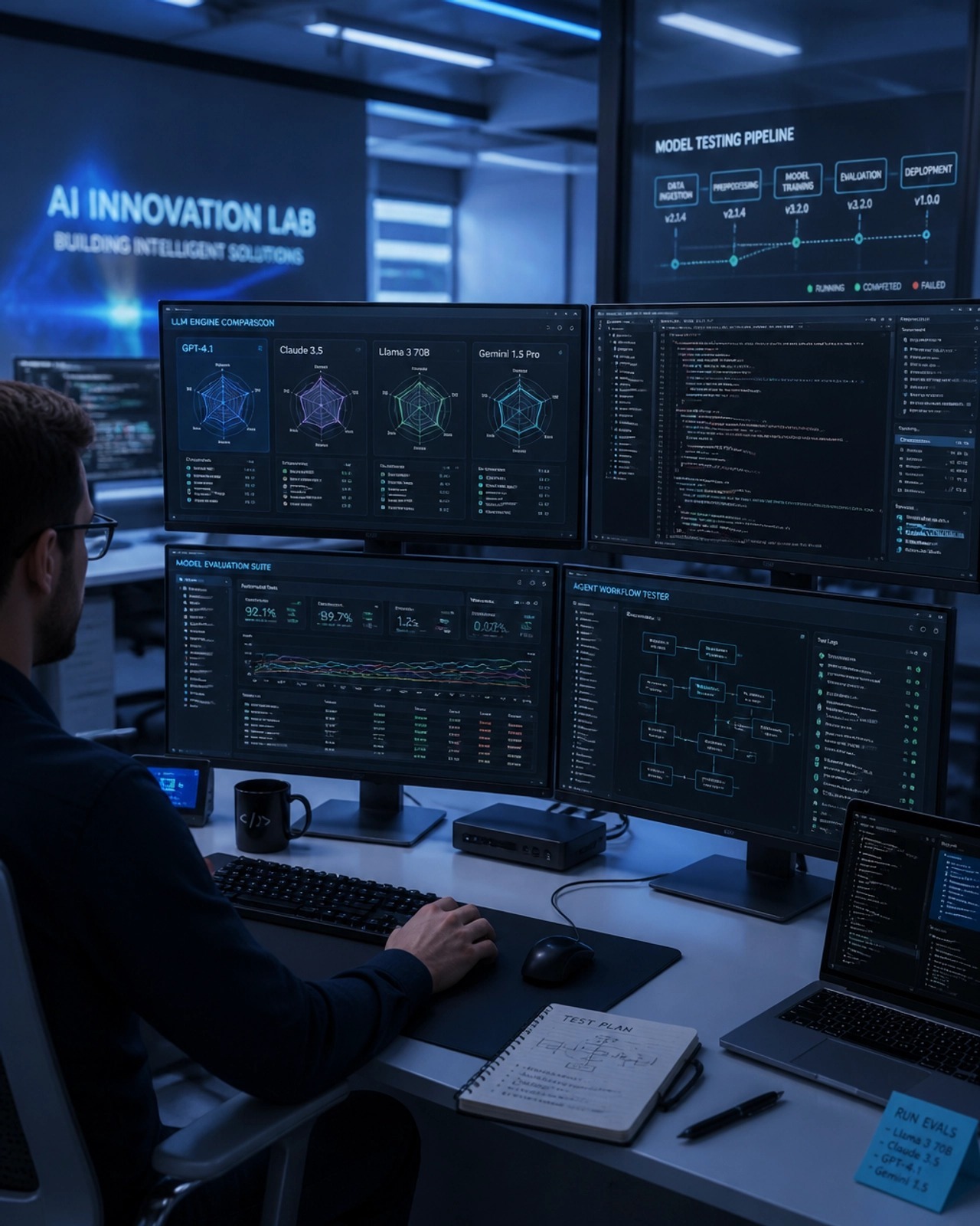 AI innovation lab comparing multiple models and operational workflows
