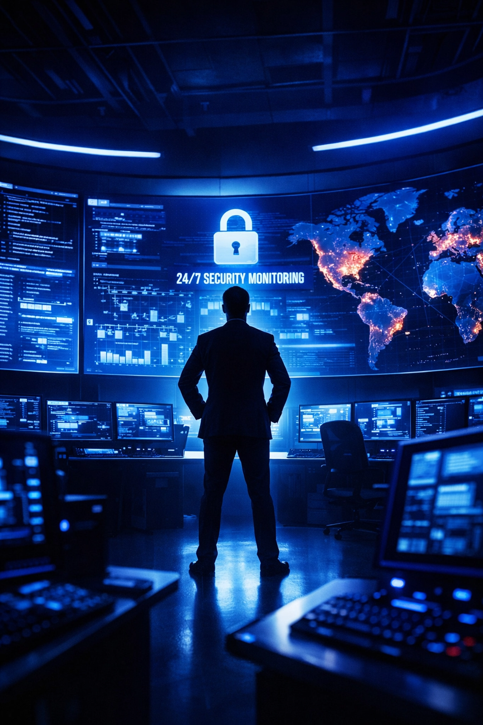 A professional Security Operations Center (SOC) providing 24/7 cybersecurity monitoring and endpoint protection.