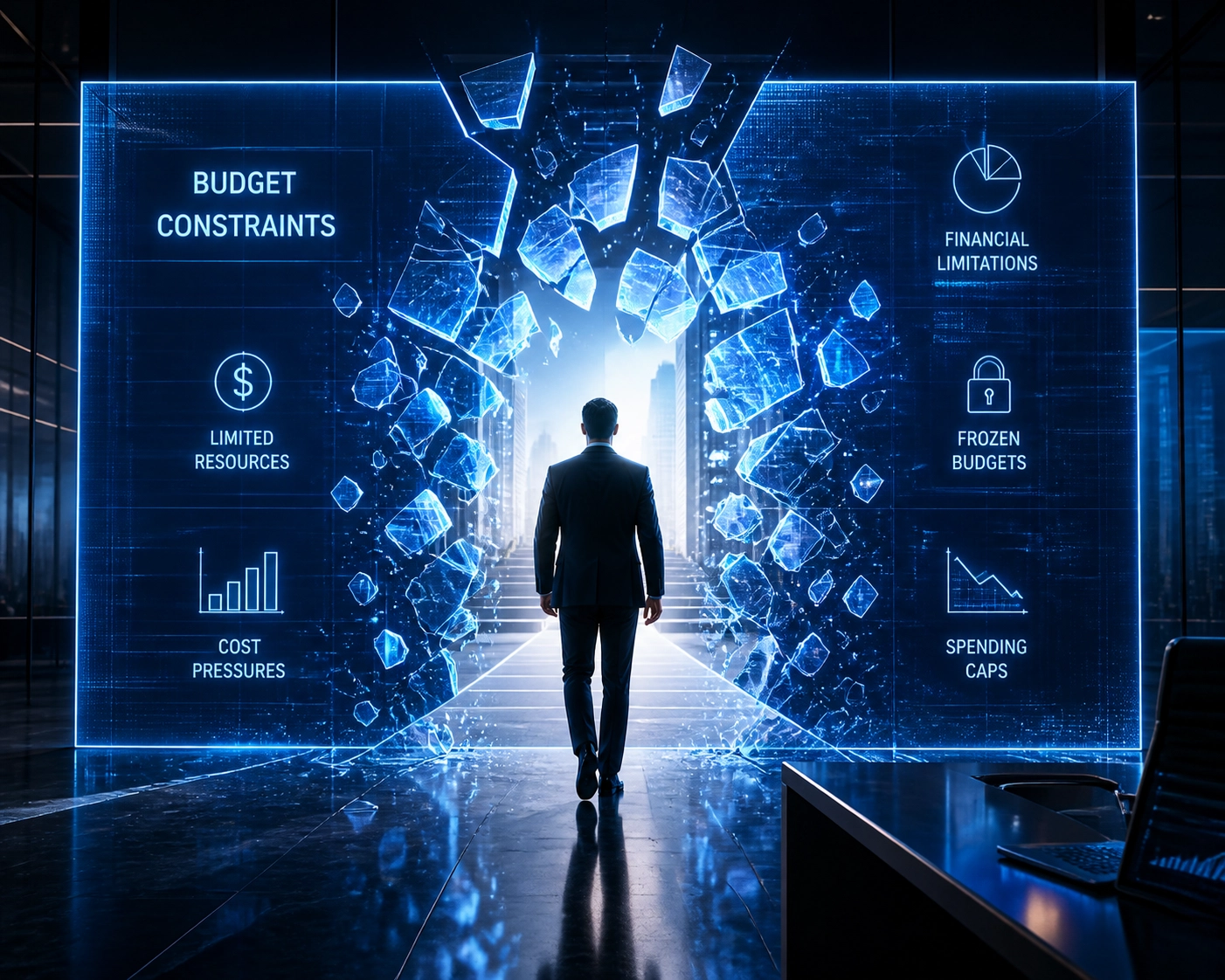 Glowing blue path through a holographic wall representing a breakthrough in securing technology grants.