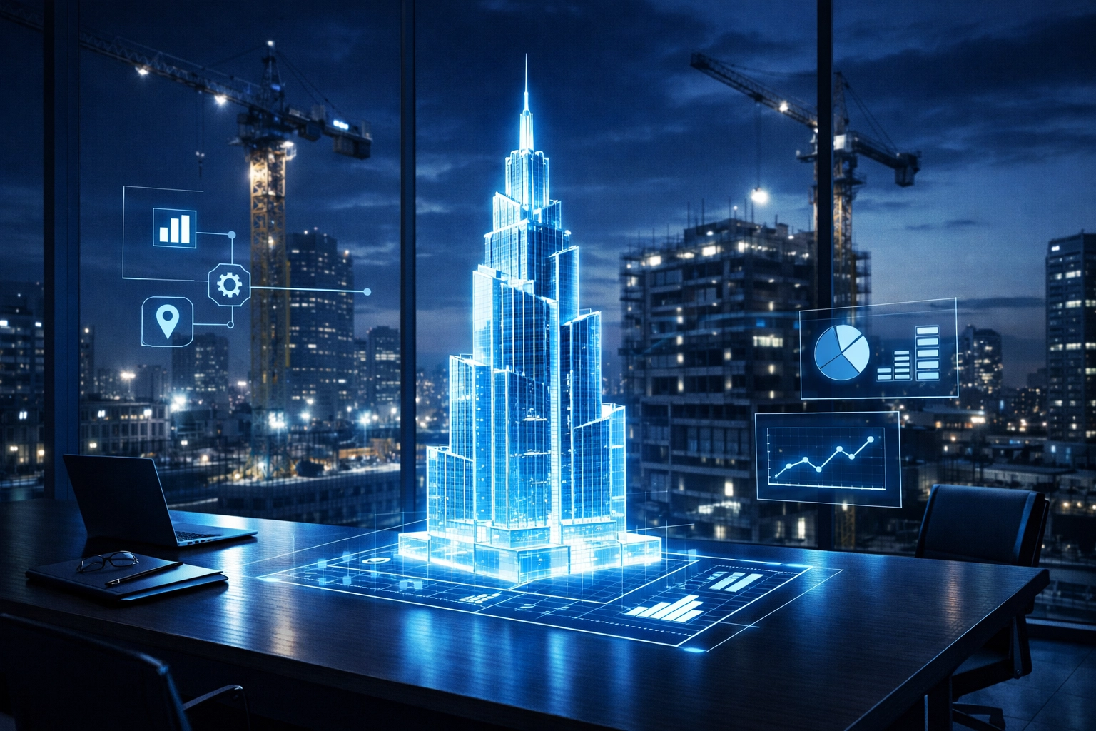Holographic building model representing strategic construction consulting and project planning.