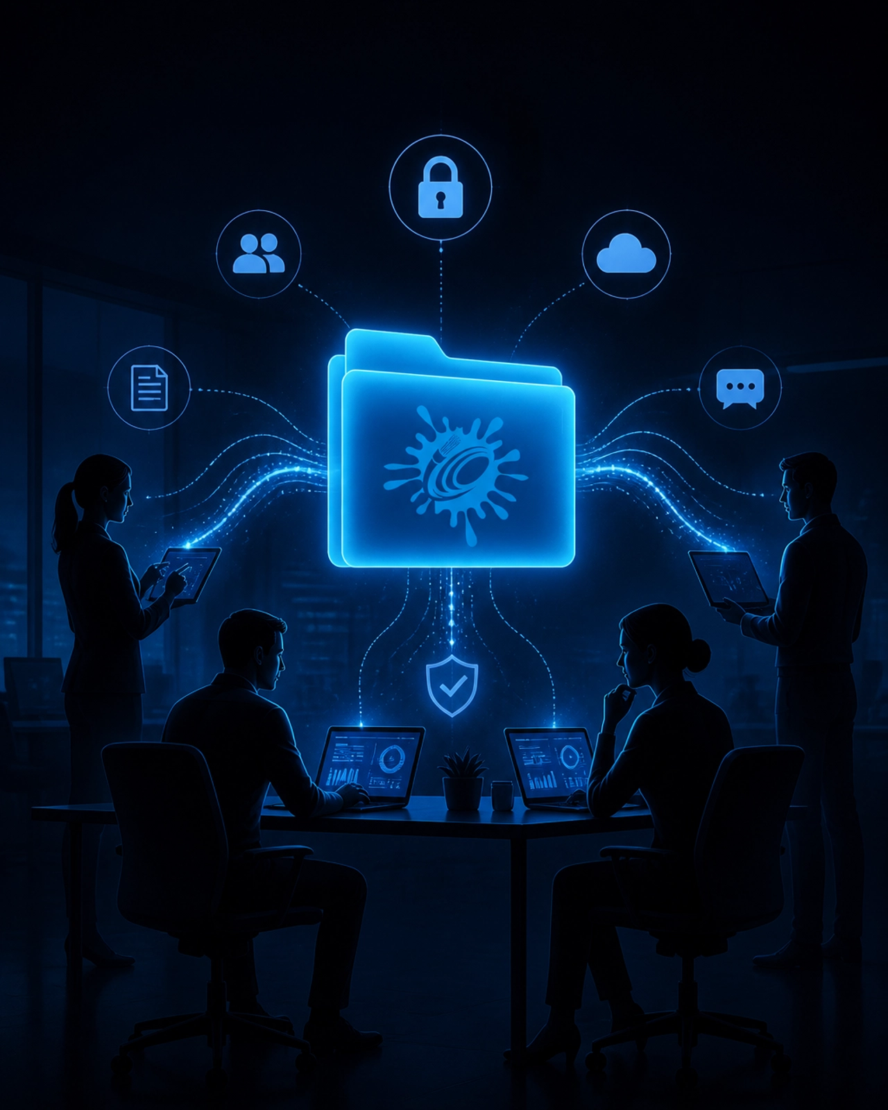 Stylized silhouettes of office workers interacting with a floating, glowing blue folder icon, representing secure team collaboration.