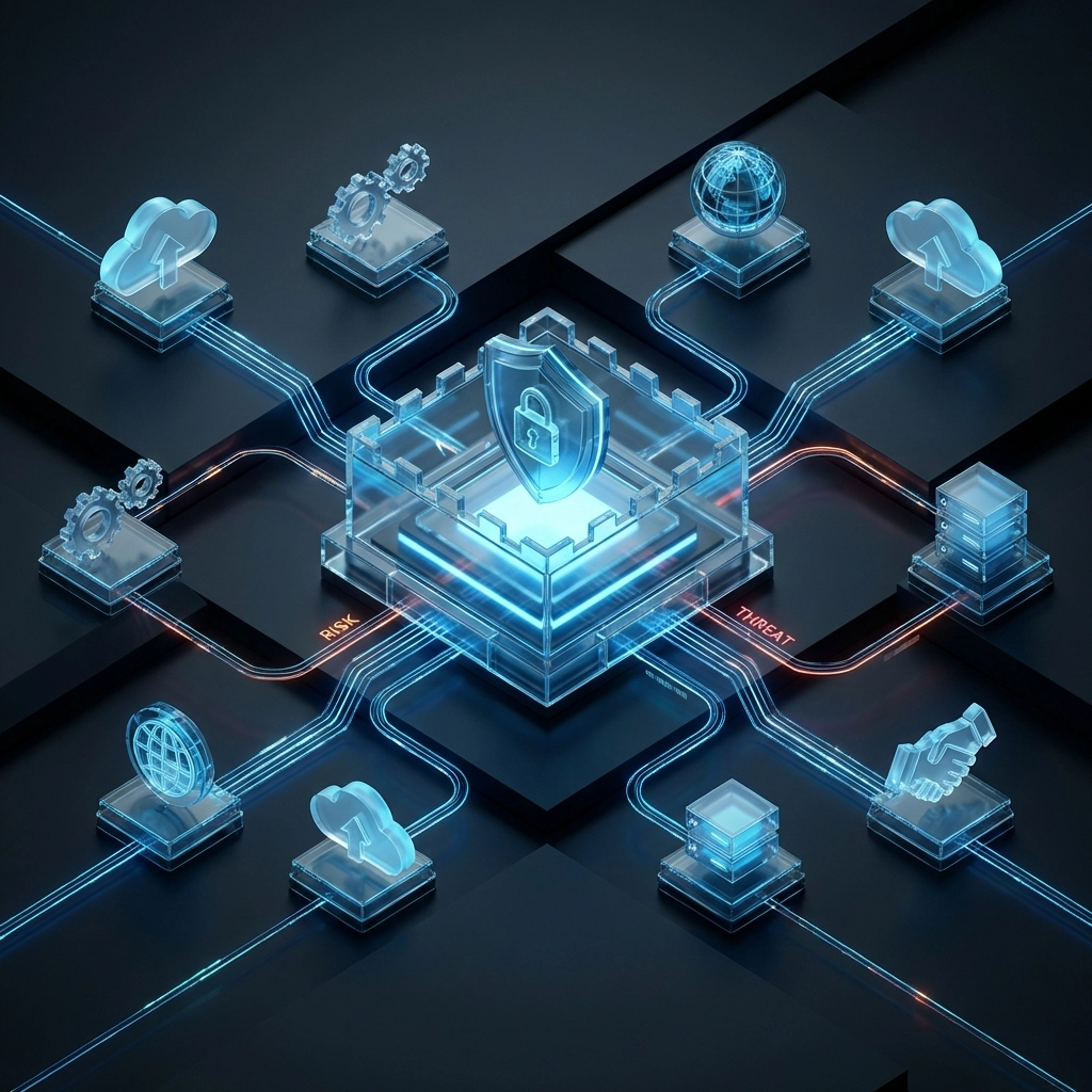 Network diagram showing connections between a business and vendors, illustrating third-party communication risks in cybersecurity.