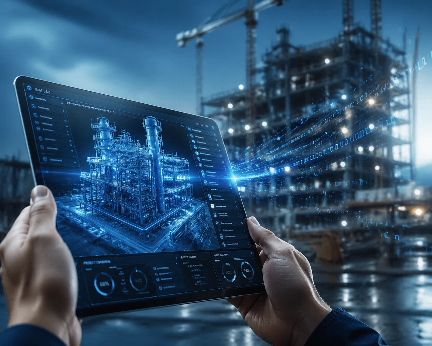 Professional using a tablet to view a digital BIM model at a modern construction project site.