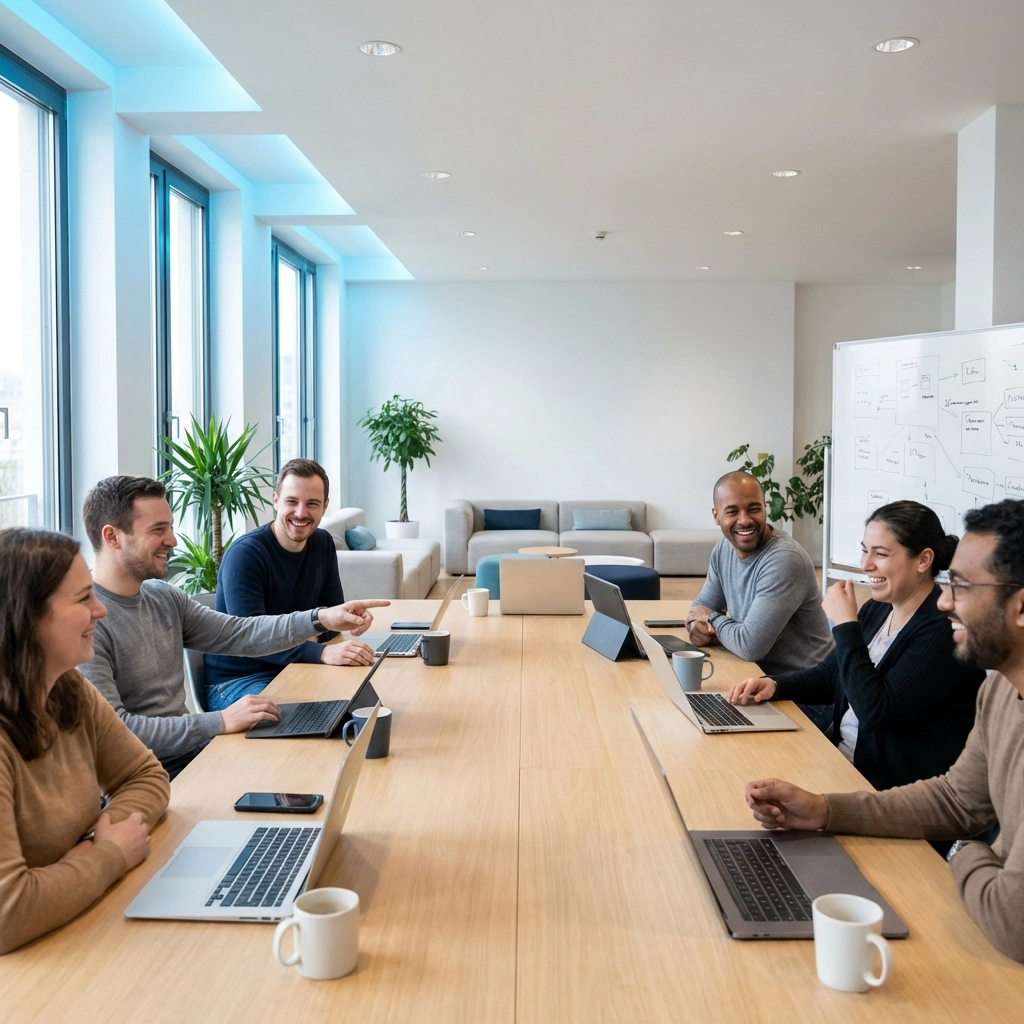 Rested IT team collaborating in a bright office, highlighting the benefits of outsourcing after-hours help desk support