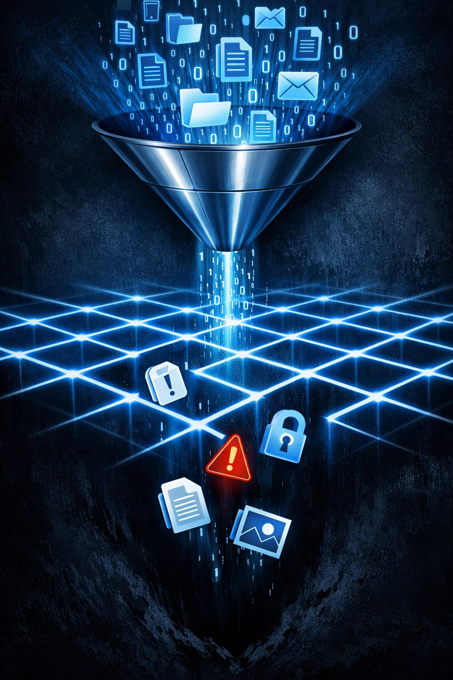 Digital files falling through a safety net, representing data loss risks beyond Microsoft 365 retention windows.