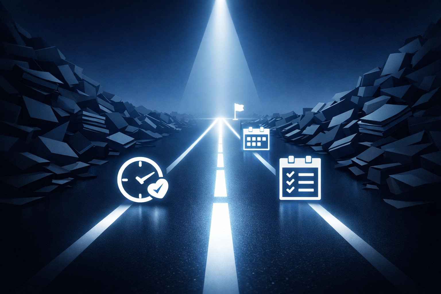 Digital path with task icons representing streamlined administrative workflows and AI productivity